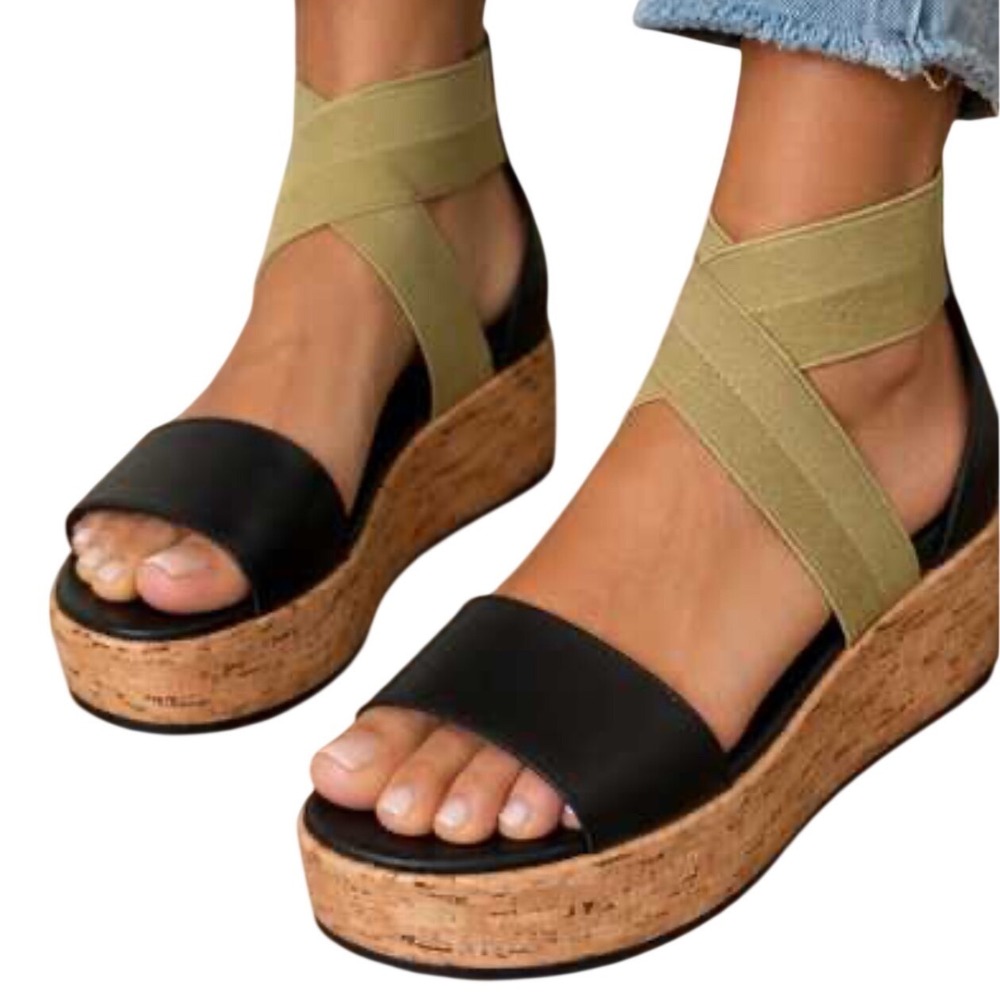 Sorel Cameron Flatform Sandals Black Sage Green Cork Wedge LL6025-010 Womens 7